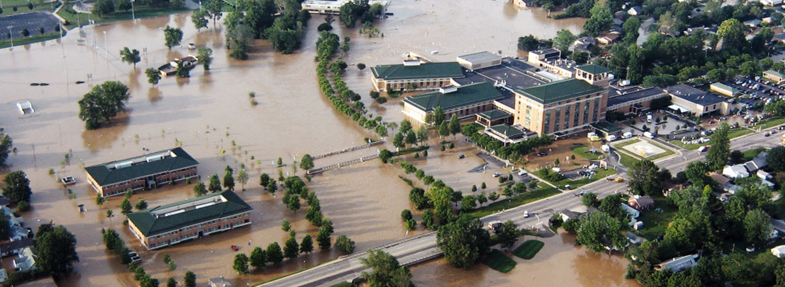 Aerial photo showing 2008 flood damage to hospital