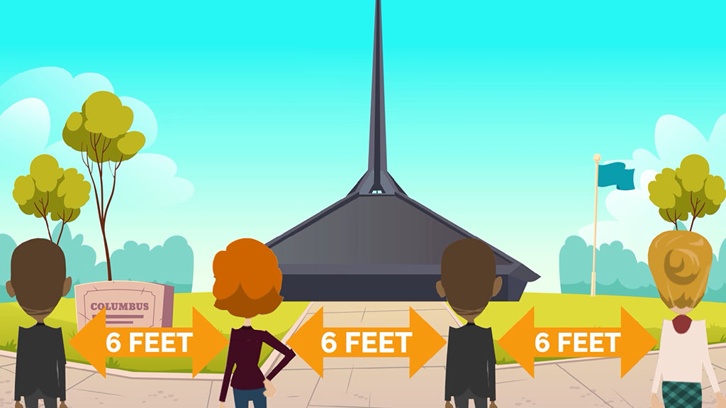 Cartoon of four people observing physical distancing outside a church.