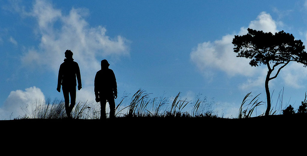 Silhouetted couple walking through countryside